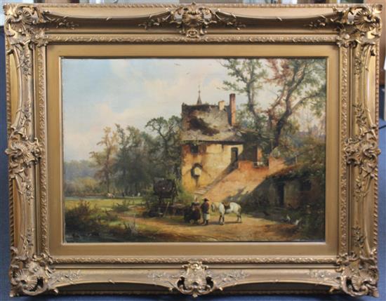 C. Schumann (19th C.) Figures beside a country house, 22 x 31in.
